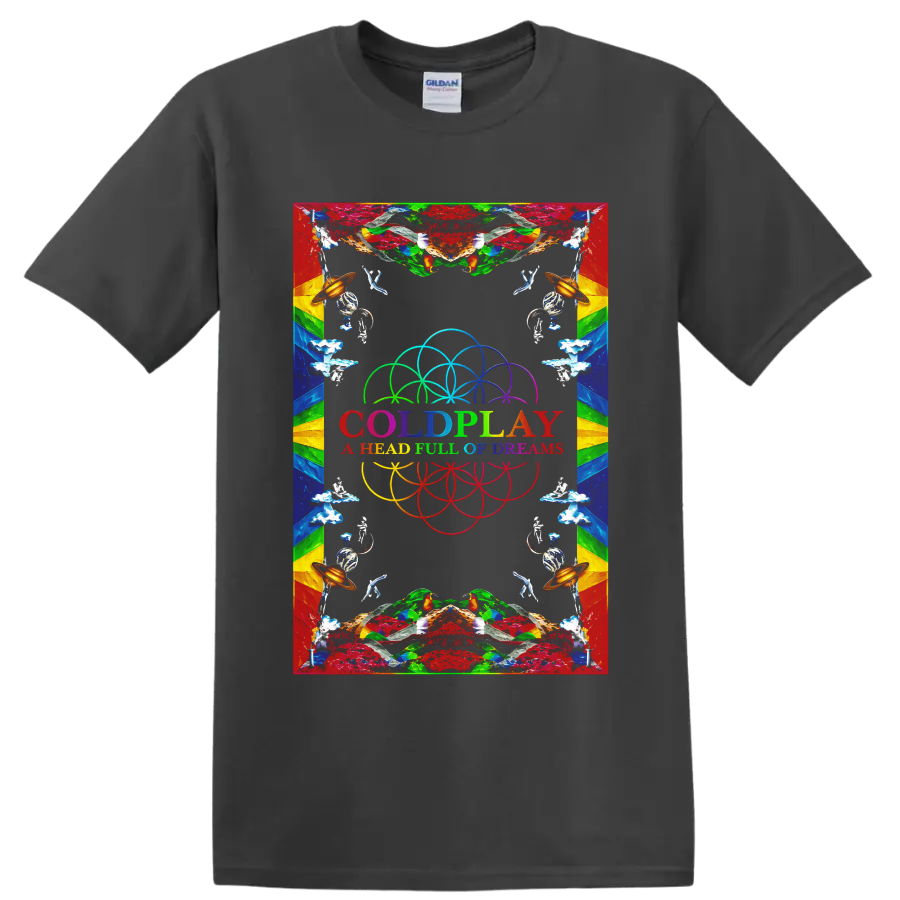 Coldplay psychedelic rainbow dream symbols graphic with band text on a Charcoal T Shirt