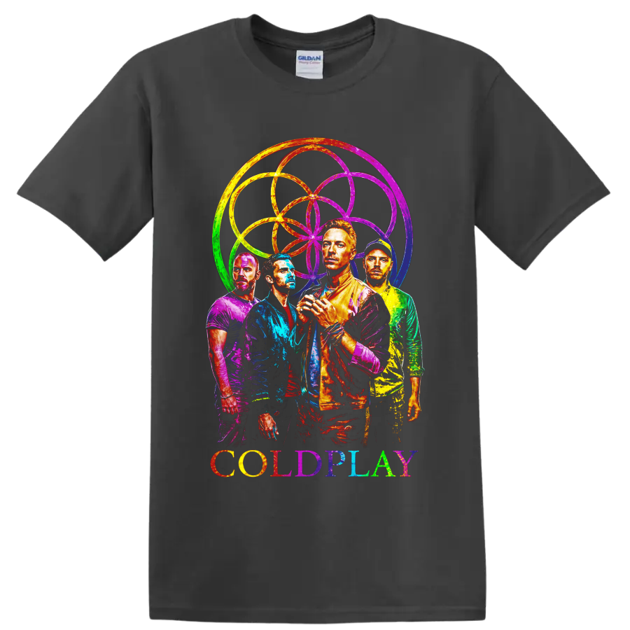 Coldplay band portraits with colorful rainbow circular graphic and logo on a Charcoal T Shirt