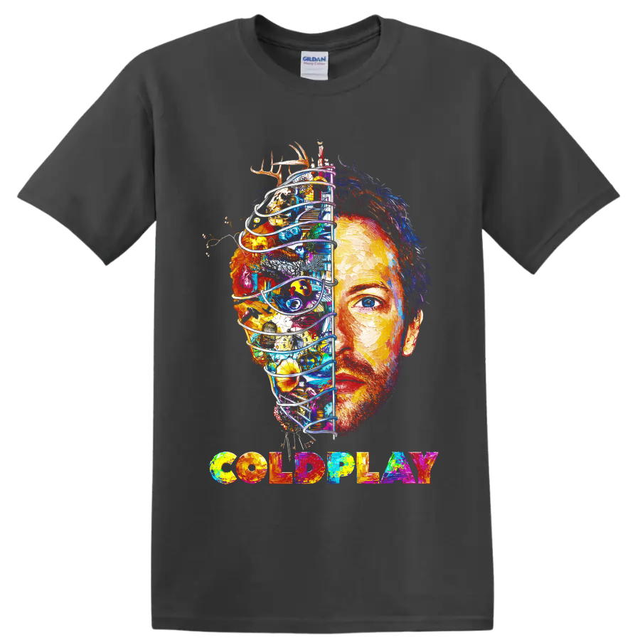 Coldplay colorful split-face portrait graphic with multicolored band lettering on a Charcoal T Shirt