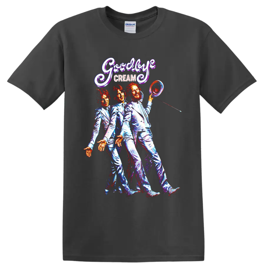 Cream rock band vintage Goodbye concert graphic with three performers on a Charcoal T Shirt