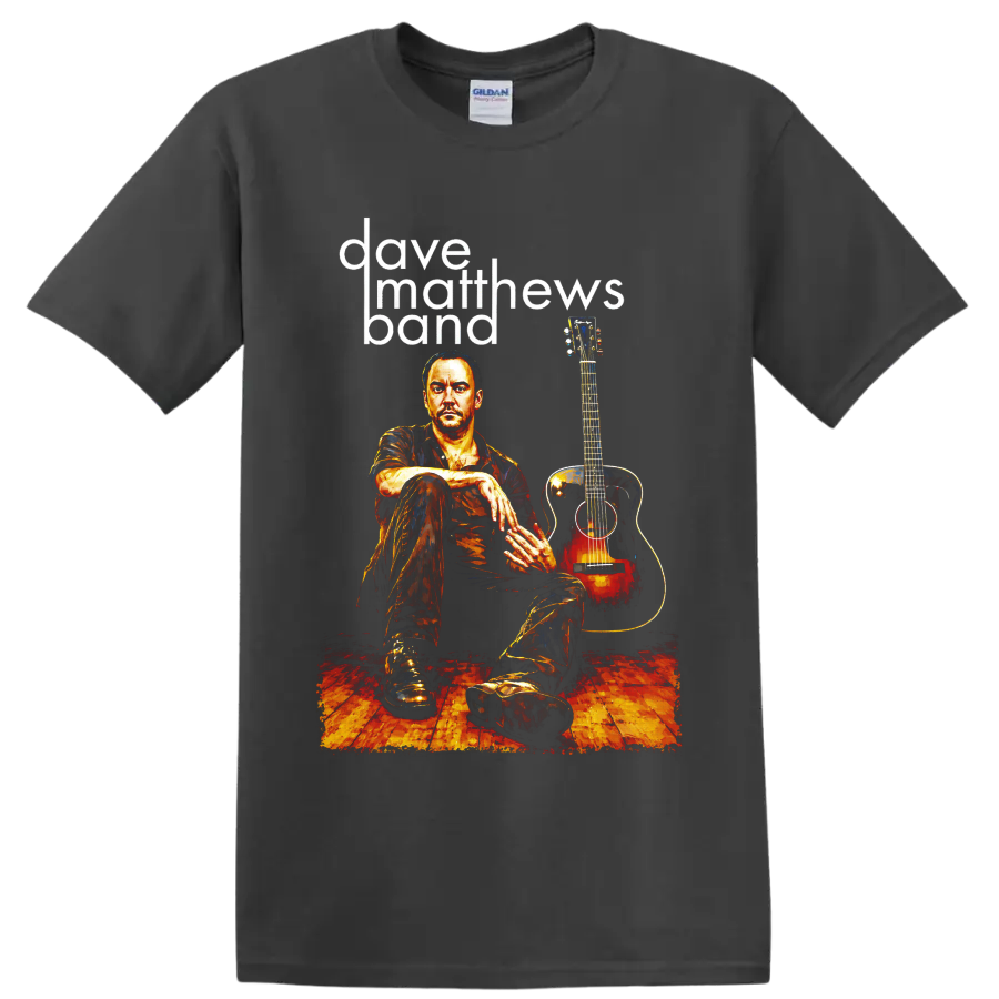 Dave Matthews Band guitarist with acoustic guitar and bold lettering on a Charcoal T Shirt