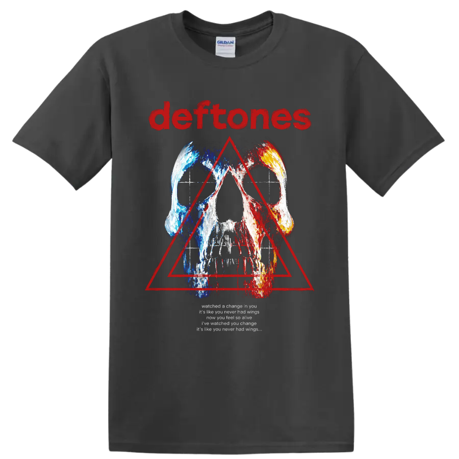 Deftones distressed skull and red triangle rock graphic with band name on a Charcoal T Shirt
