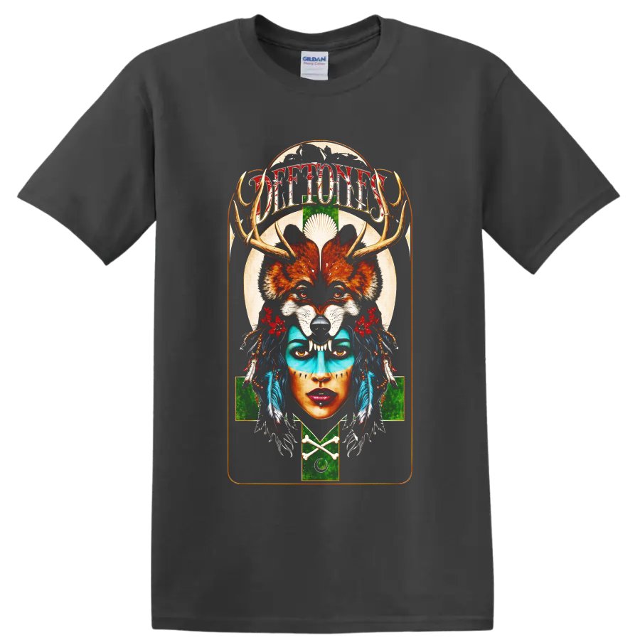 Deftones fox skull portrait graphic with antlers, feathers, and flowers on a Charcoal T Shirt