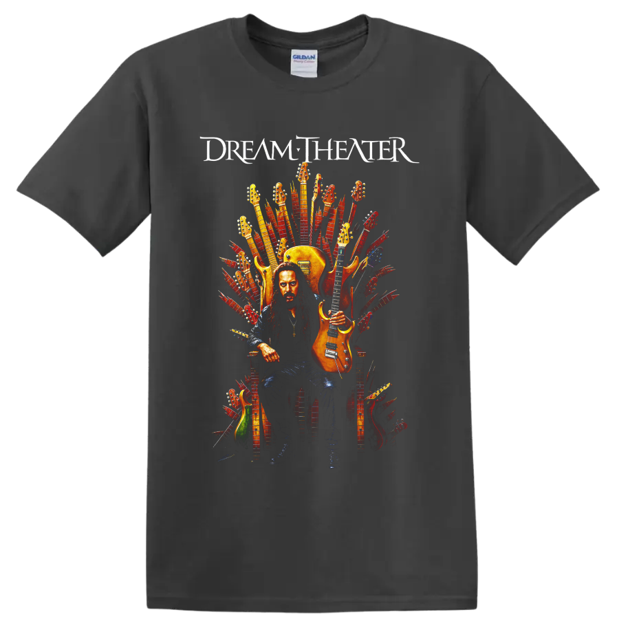 Dream Theater guitarist seated on an electric guitar throne graphic print on a Charcoal T Shirt