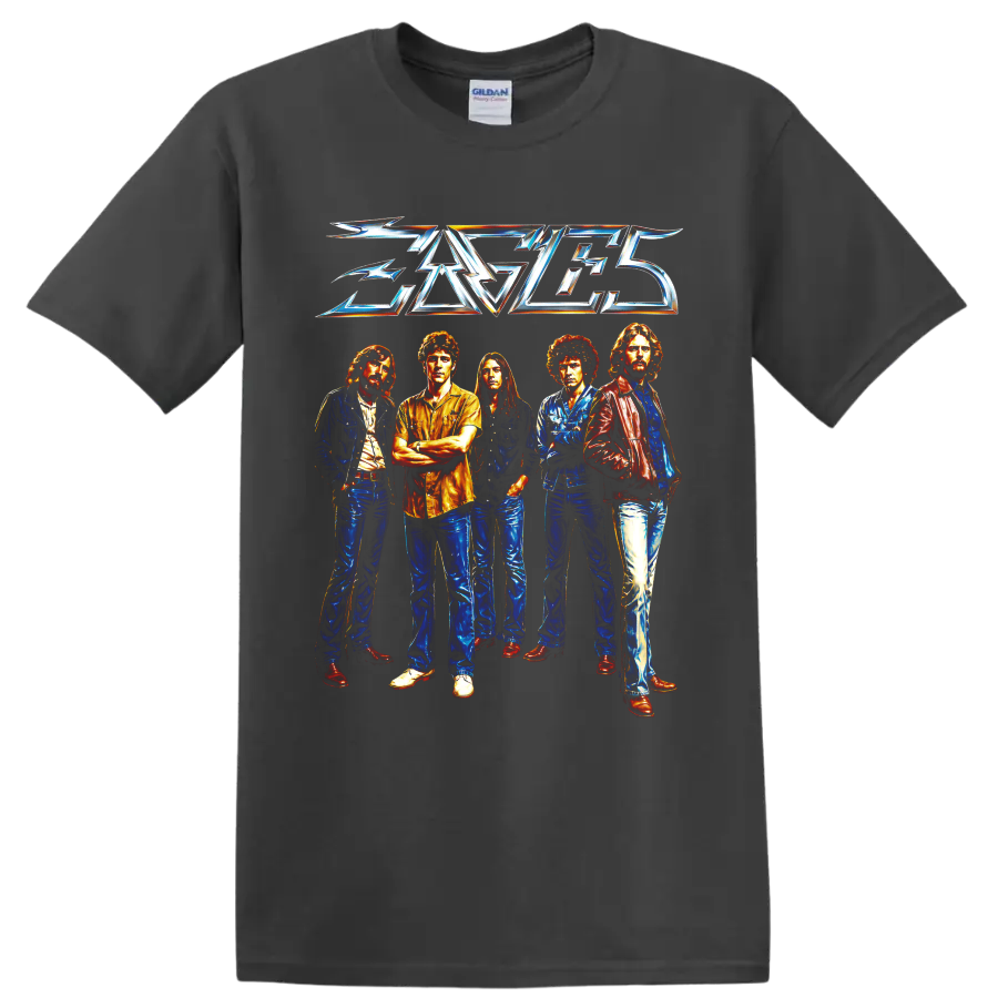 Eagles rock band five-member portrait with metallic logo graphic on a Charcoal T Shirt