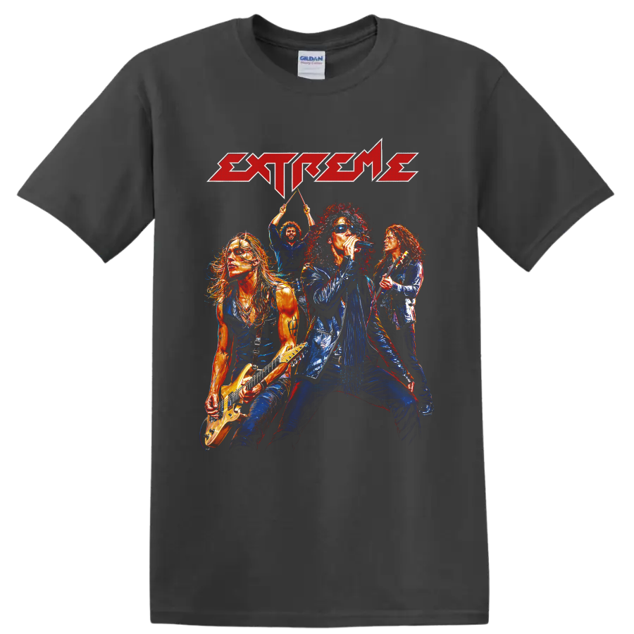Extreme rock band concert graphic with singer, guitarists, drummer, and logo on a Charcoal T Shirt