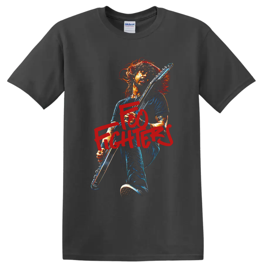 Foo Fighters guitarist rock artwork with bold red lettering on a Charcoal T Shirt