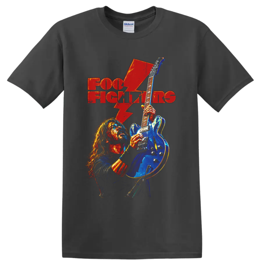 Foo Fighters guitarist with blue electric guitar, red lightning bolt, and band text on a Charcoal T Shirt