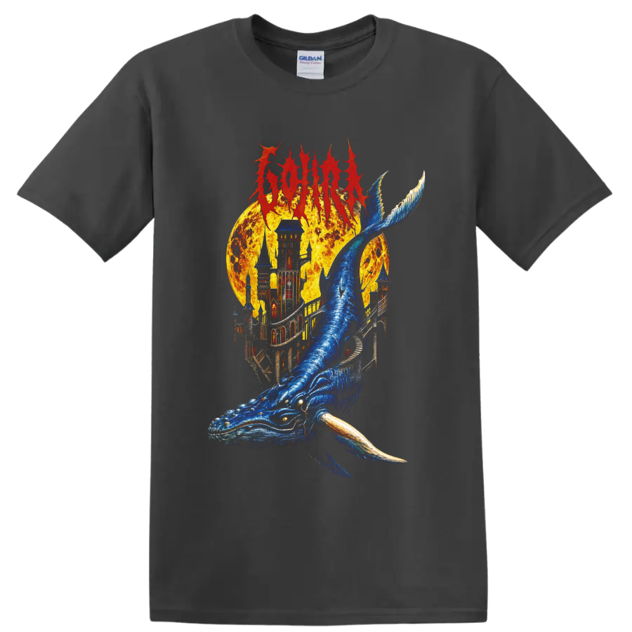 Gojira metal graphic with blue whale, fiery castle, and fantasy artwork on a Charcoal T Shirt