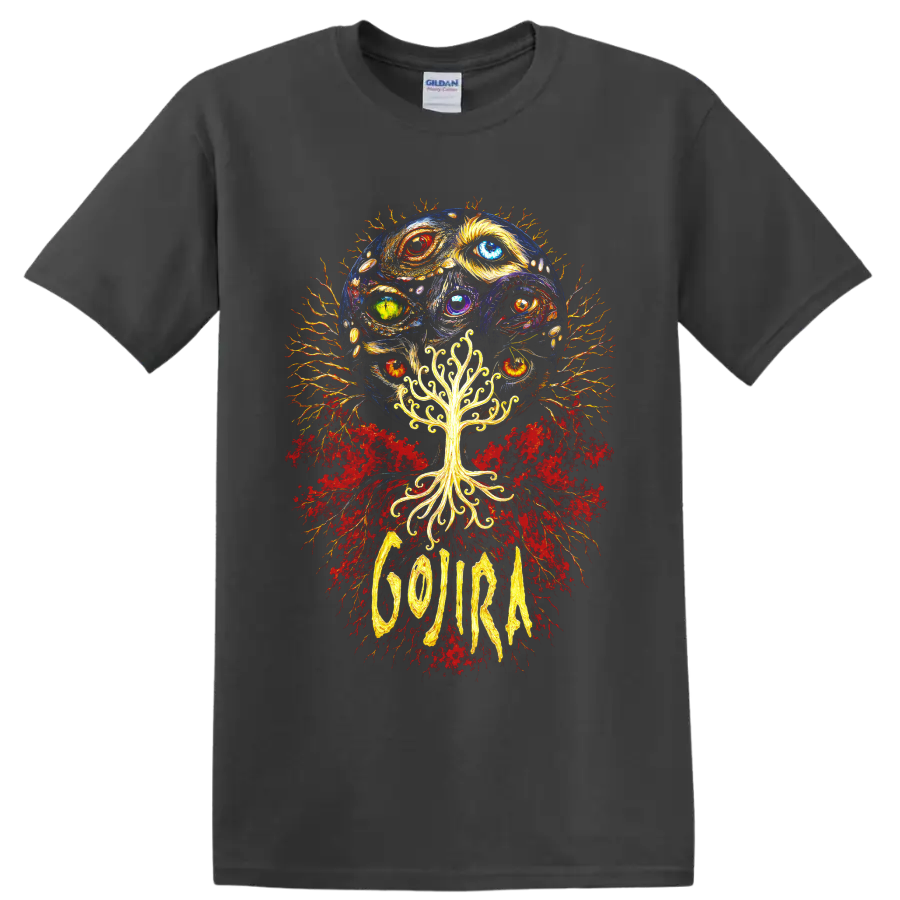 Gojira psychedelic cosmic eyes and glowing tree graphic print on a Charcoal T Shirt