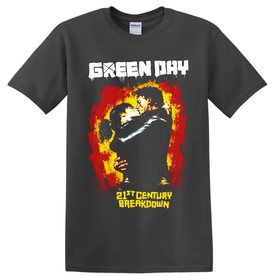 Green Day 21st Century Breakdown distressed punk rock embracing couple graphic on a Charcoal T Shirt