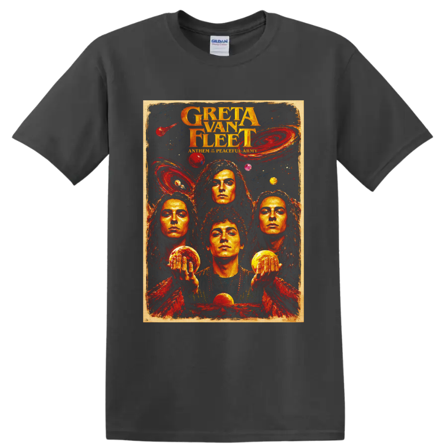 Greta Van Fleet psychedelic cosmic rock poster with four portraits on a Charcoal T Shirt