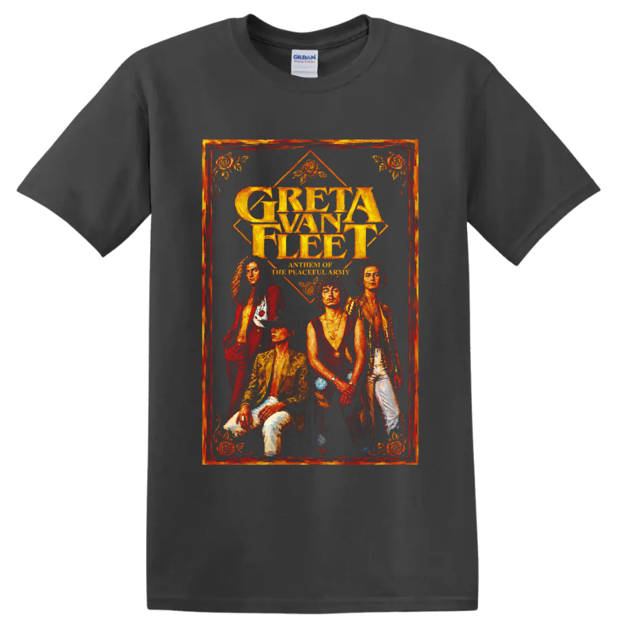 Greta Van Fleet vintage rock band portrait graphic with gold lettering on a Charcoal T Shirt