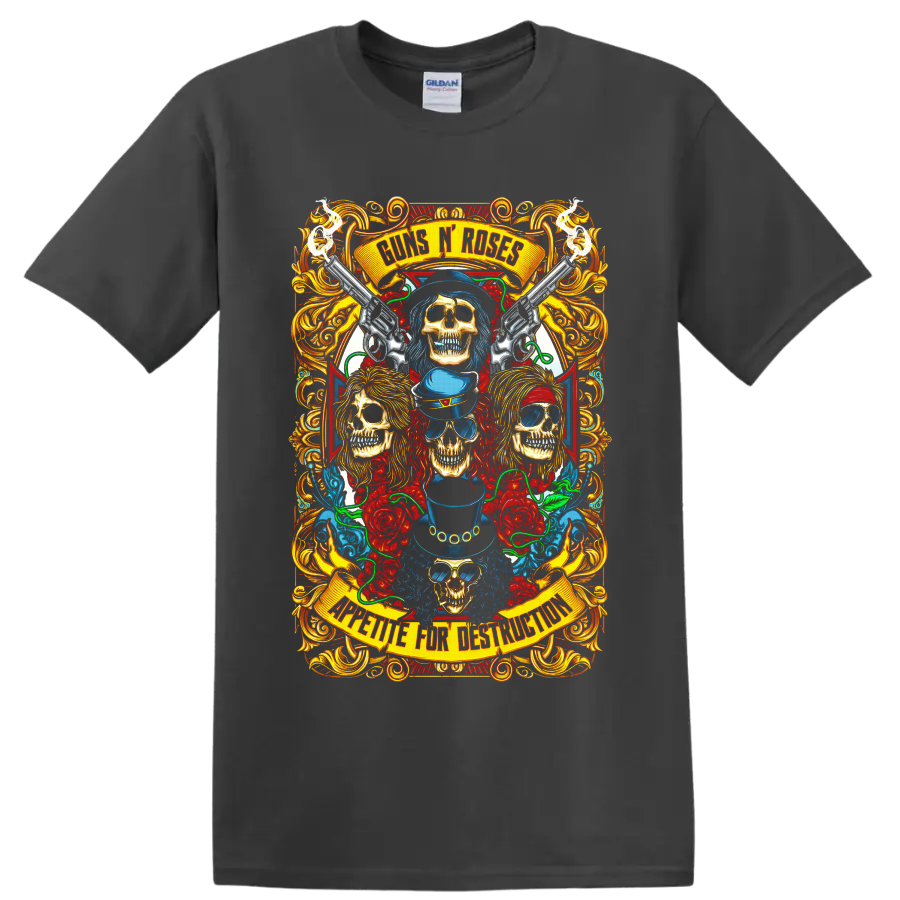 Guns N' Roses skull, revolvers, roses, and ornate gothic rock graphic on a Charcoal T Shirt