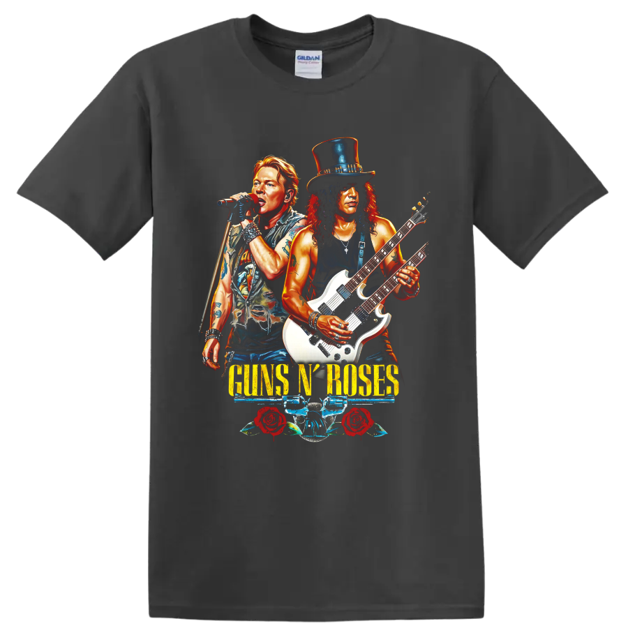 Guns N' Roses rock band graphic with singer, guitarist, roses, and pistols on a Charcoal T Shirt