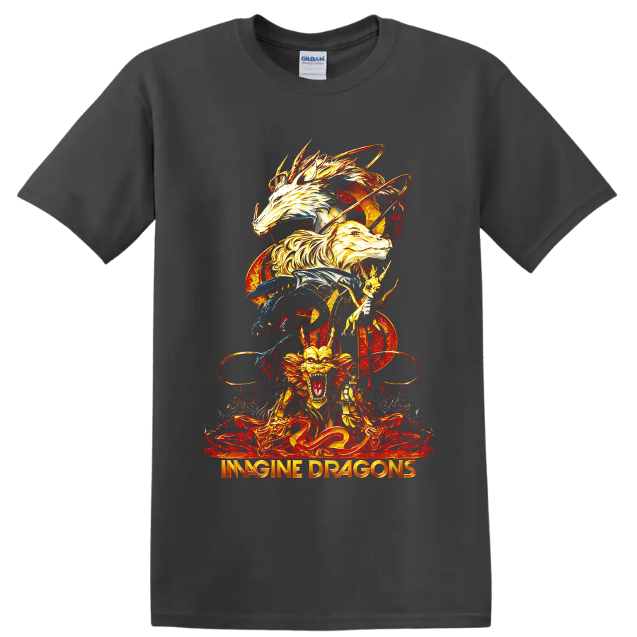 Imagine Dragons fantasy dragon artwork with fiery stacked dragons on a Charcoal T Shirt