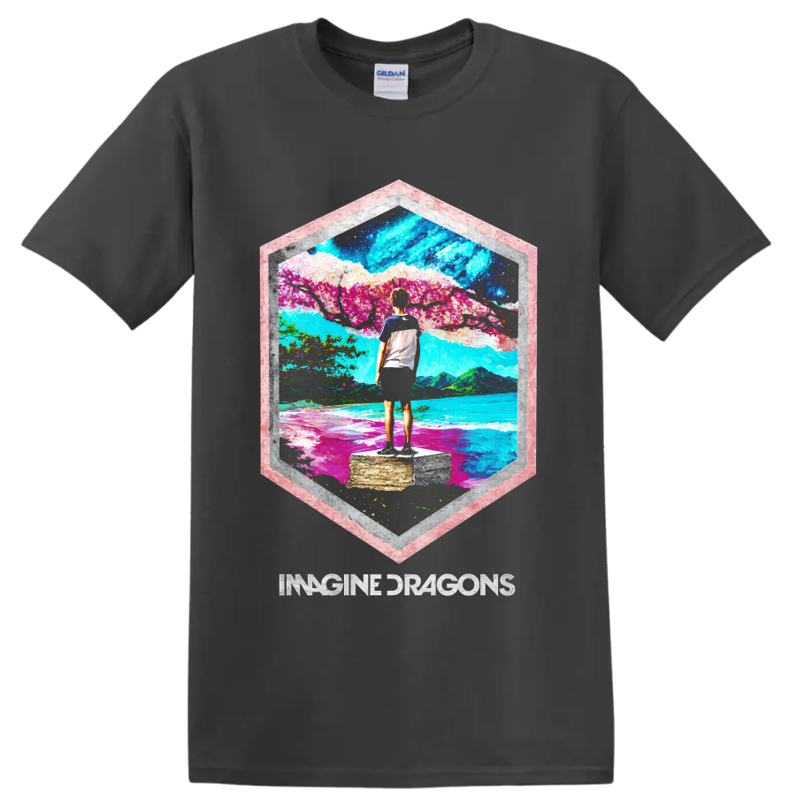 Imagine Dragons colorful mountain lake landscape graphic with band text on a Charcoal T Shirt