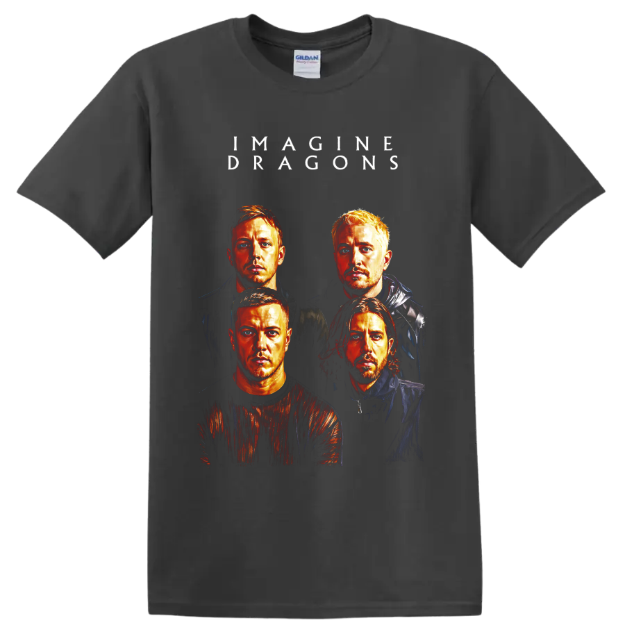 Imagine Dragons four-portrait rock band graphic with white lettering on a Charcoal T Shirt