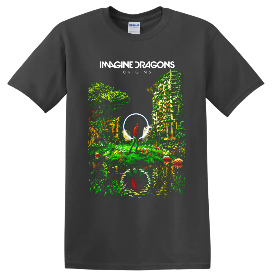 Imagine Dragons Origins surreal garden portal graphic with lone figure on a Charcoal T Shirt