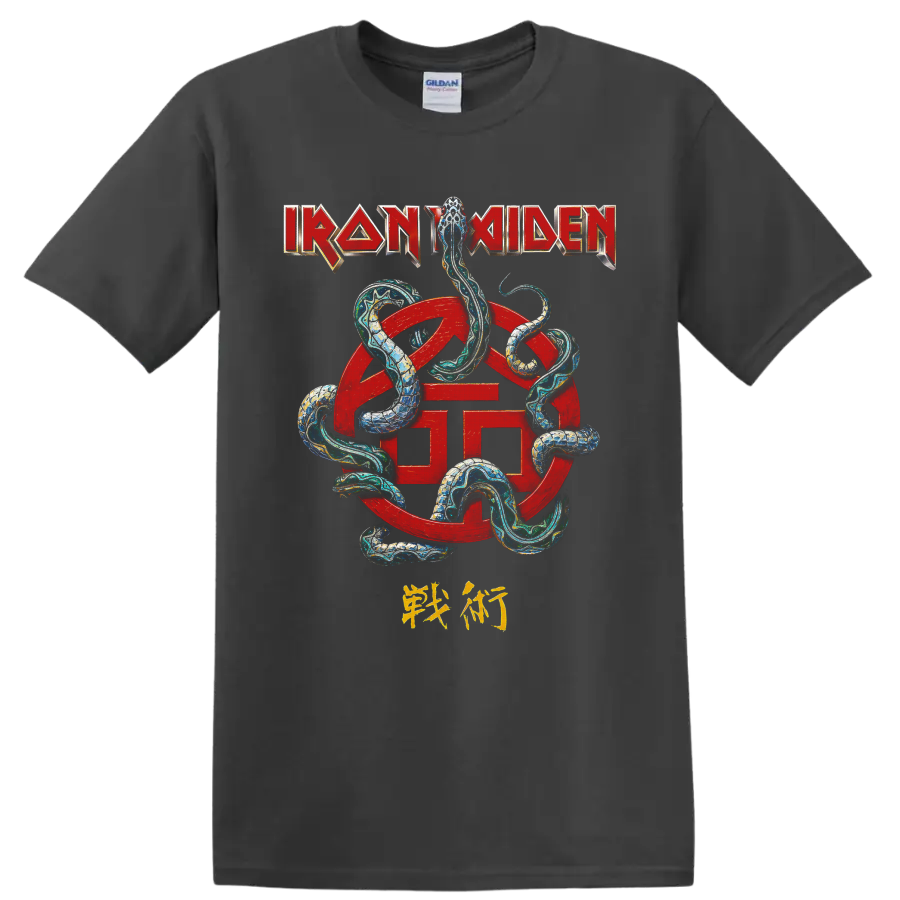 Iron Maiden logo with red emblem and intertwined serpent graphic on a Charcoal T Shirt
