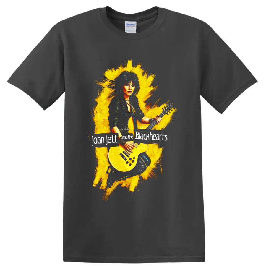 Joan Jett rock guitarist with yellow electric guitar graphic on a Charcoal T Shirt