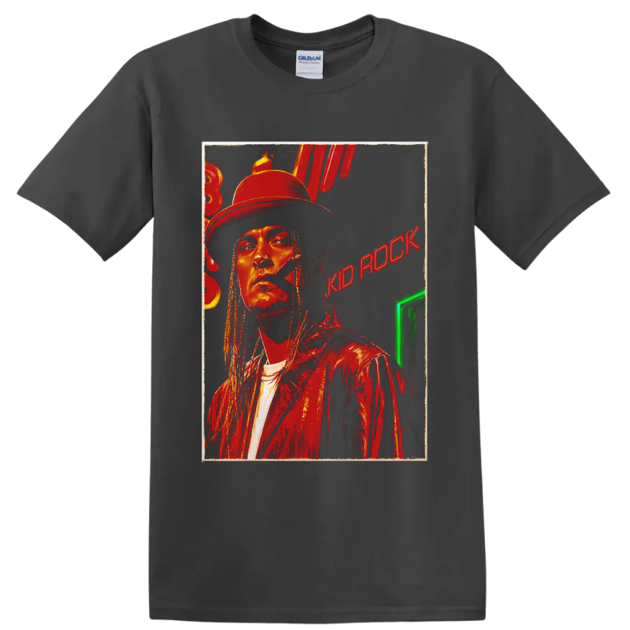 Kid Rock portrait in cowboy hat with distressed red rock graphic style on a Charcoal T Shirt