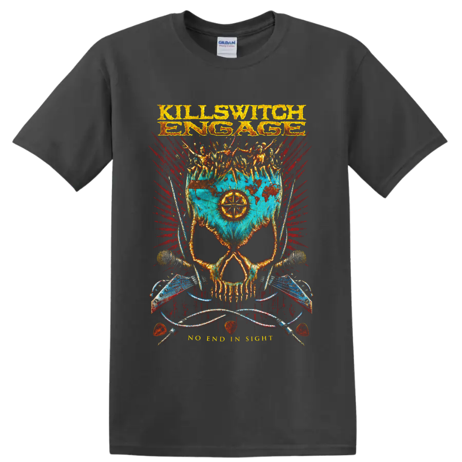 Killswitch Engage skull battle flag metalcore graphic with armored figures on a Charcoal T Shirt