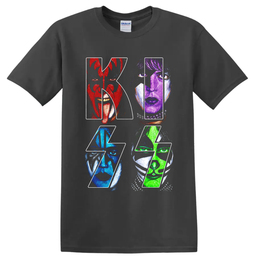 KISS rock band graphic with four colorful face-painted portraits on a Charcoal T Shirt