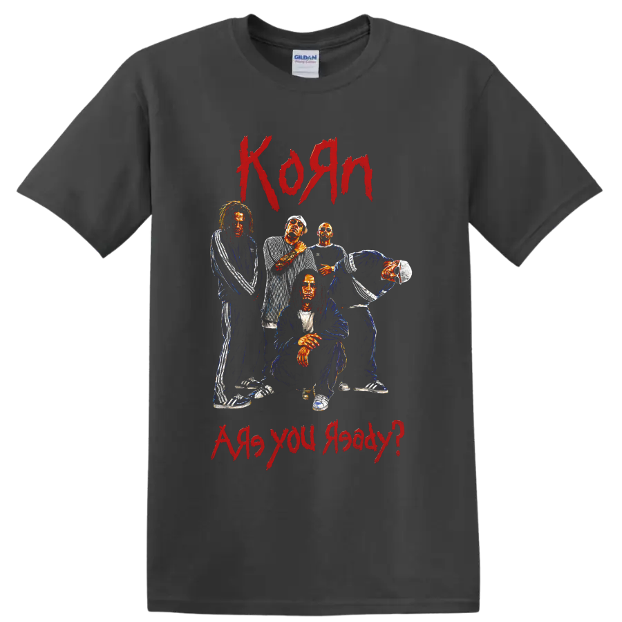 Korn group portrait graphic with red Korn and Are you ready lettering on a Charcoal T Shirt