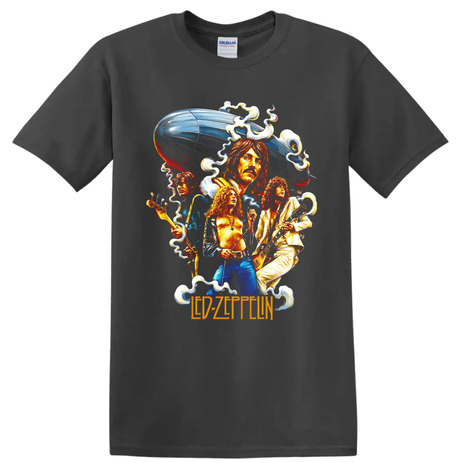 Led Zeppelin musicians with guitars, airship, and vintage rock graphic on a Charcoal T Shirt