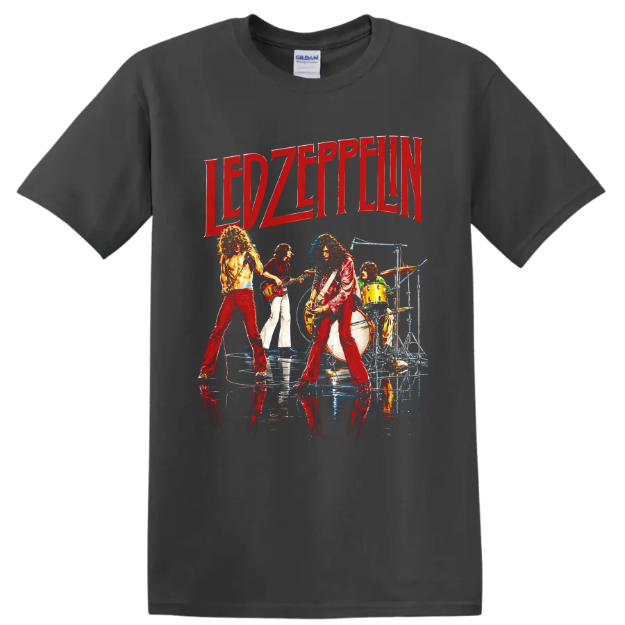 Led Zeppelin live concert graphic with red lettering and four musicians on a Charcoal T Shirt