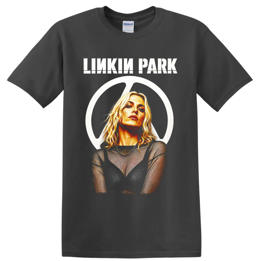 Linkin Park portrait graphic with distressed lettering and circular emblem on a Charcoal T Shirt