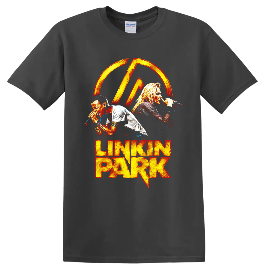 Linkin Park vocalist graphic print with fiery logo and lettering on a Charcoal T Shirt