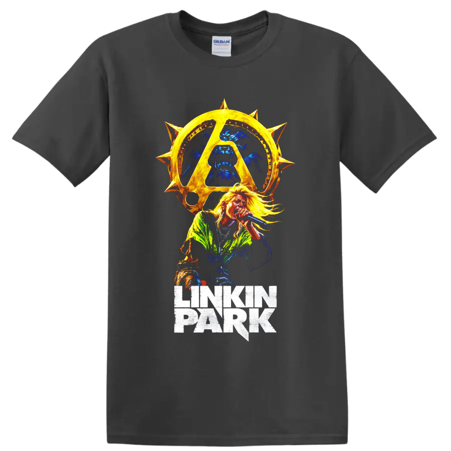 Linkin Park vocalist with golden spiked sun emblem graphic on a Charcoal T Shirt