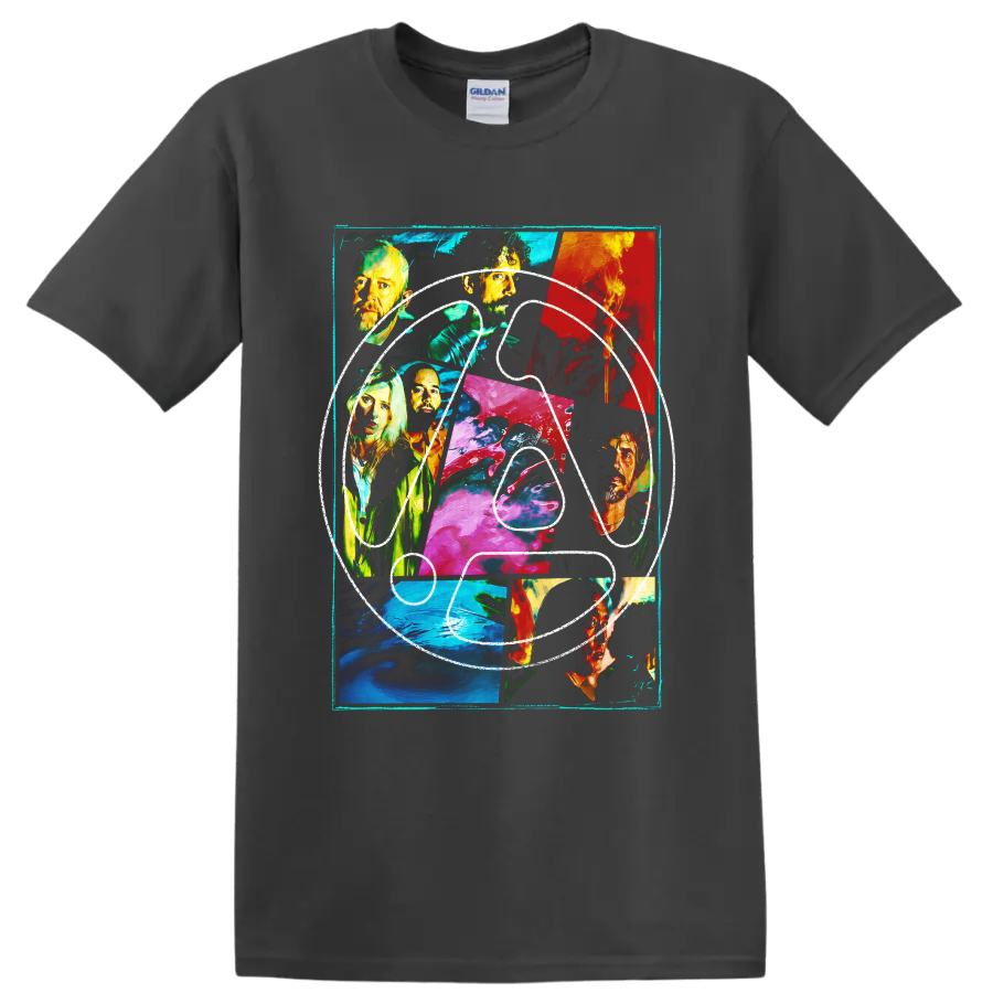 Linkin Park abstract portrait collage with colorful painted panels on a Charcoal T Shirt