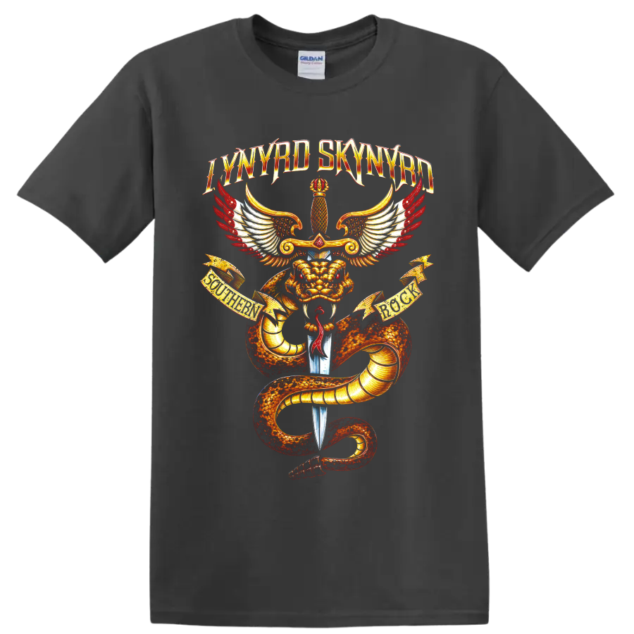 Lynyrd Skynyrd dragon, sword, and wings southern rock graphic on a Charcoal T Shirt
