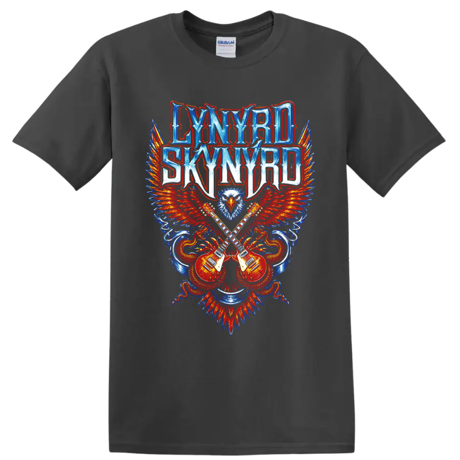 Lynyrd Skynyrd eagle and crossed guitars rock graphic on a Charcoal T Shirt