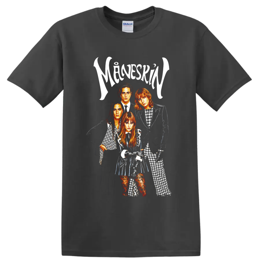 Måneskin glam rock band portrait with white logo lettering on a Charcoal T Shirt