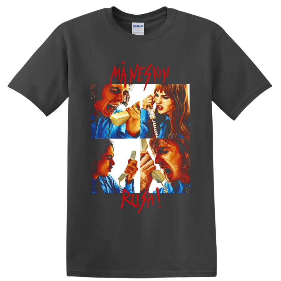Måneskin telephone fight graphic with bold red lettering on a Charcoal T Shirt