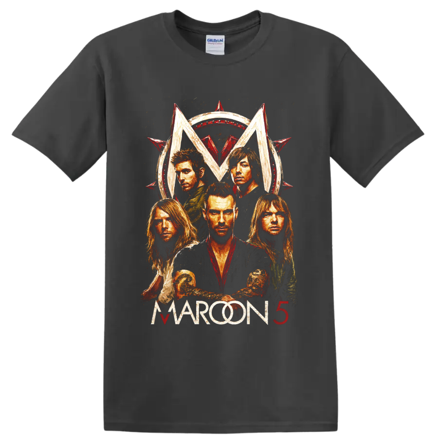 Maroon 5 distressed rock band portrait with red star emblem on a Charcoal T Shirt