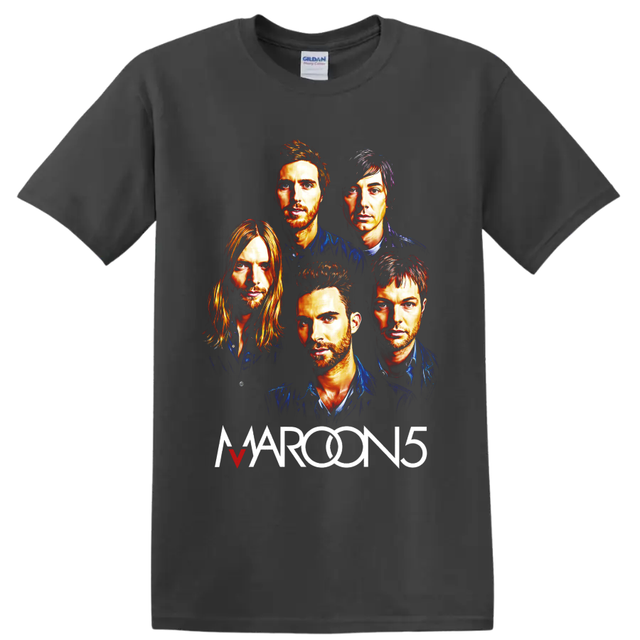Maroon 5 five-member portrait graphic with bold band lettering on a Charcoal T Shirt