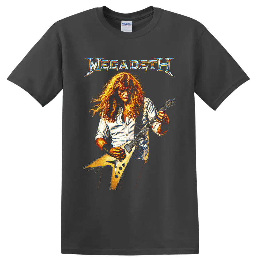 Megadeth guitarist playing an angular electric guitar with metallic logo on a Charcoal T Shirt