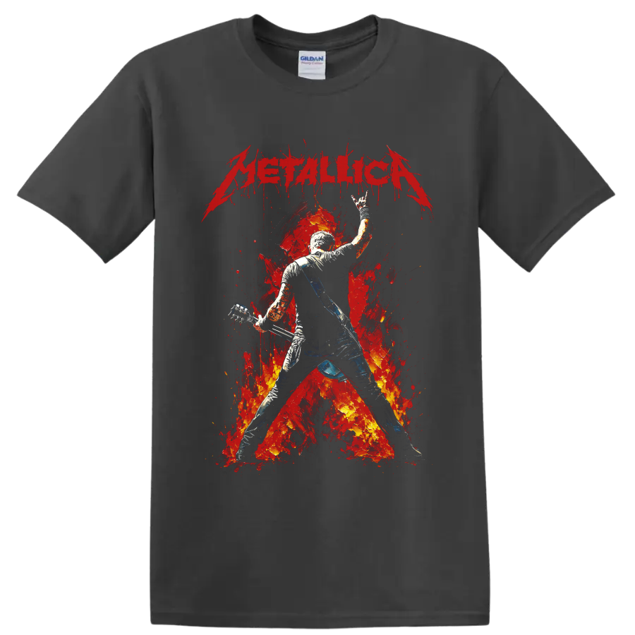Metallica guitarist graphic with fiery red splatter and distressed logo on a Charcoal T Shirt