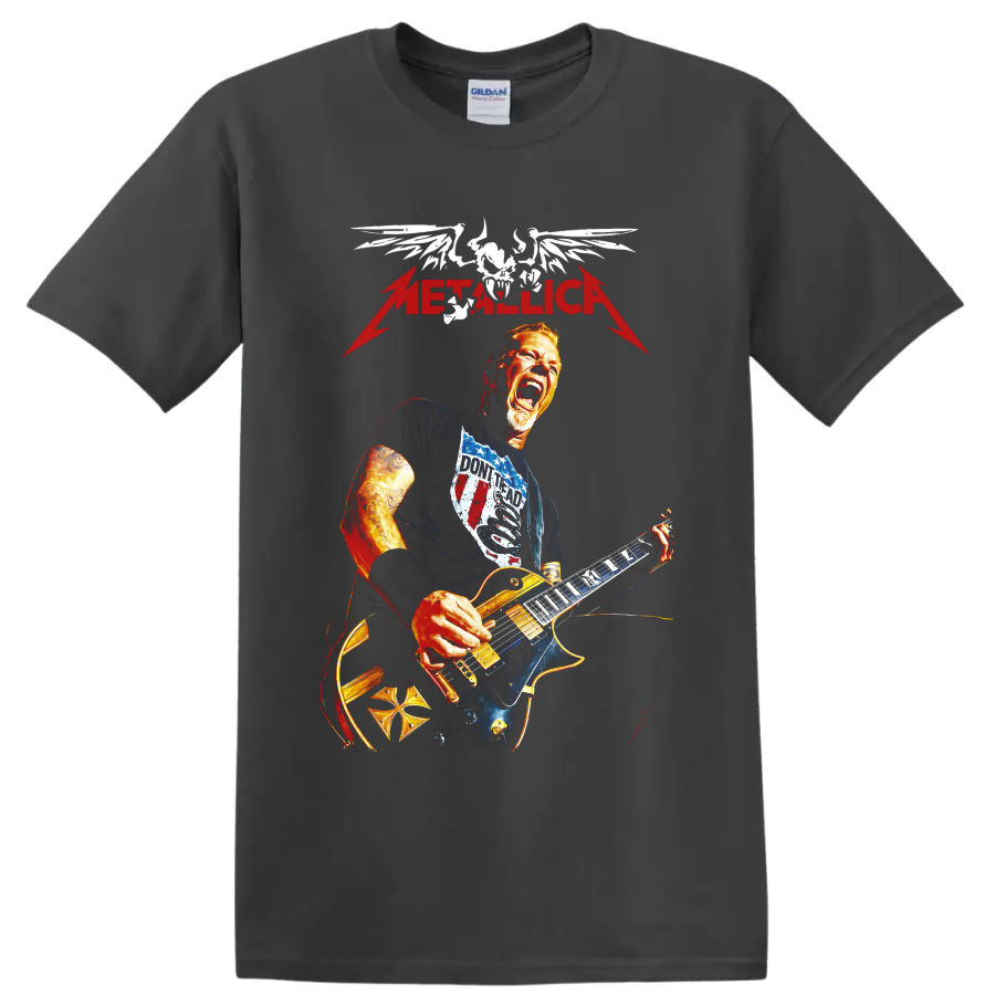 Metallica guitarist with winged skull and lightning graphic on a Charcoal T Shirt