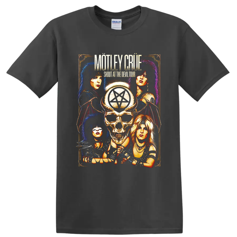 Mötley Crüe skull pentagram glam metal poster graphic on a Charcoal T Shirt