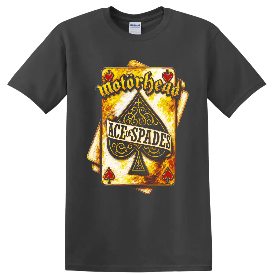 Motorhead Ace of Spades ornate vintage playing card graphic on a Charcoal T Shirt