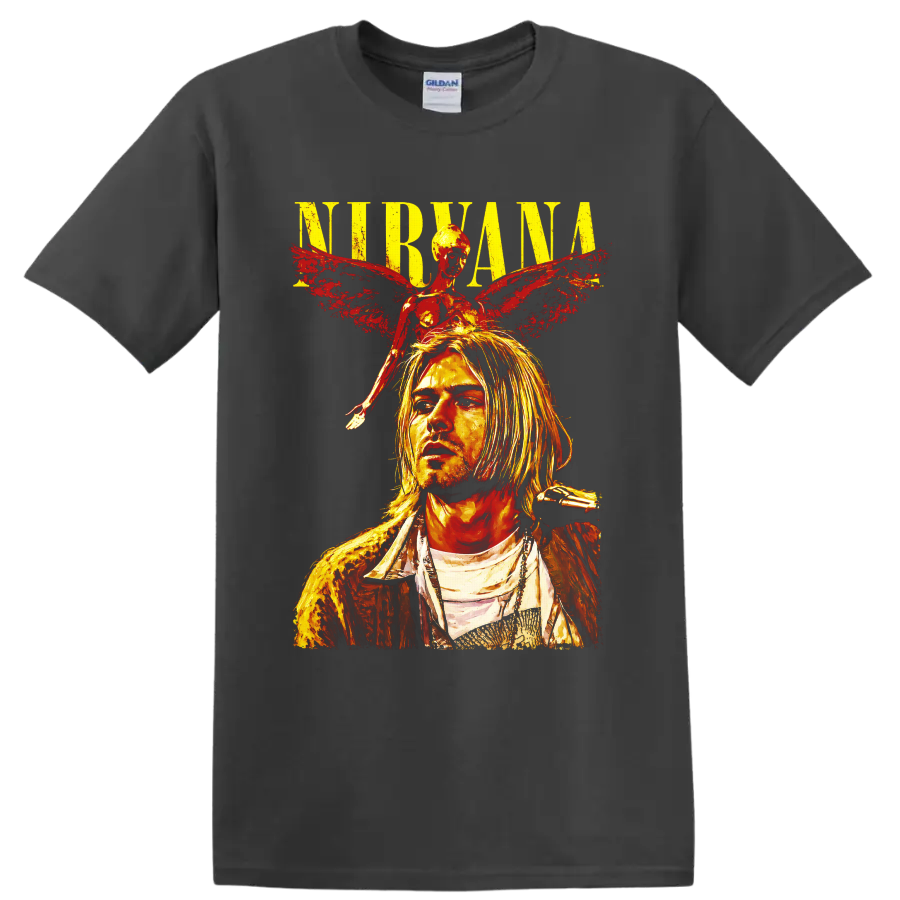 Nirvana Kurt Cobain portrait with angel wings in distressed grunge art on a Charcoal T Shirt