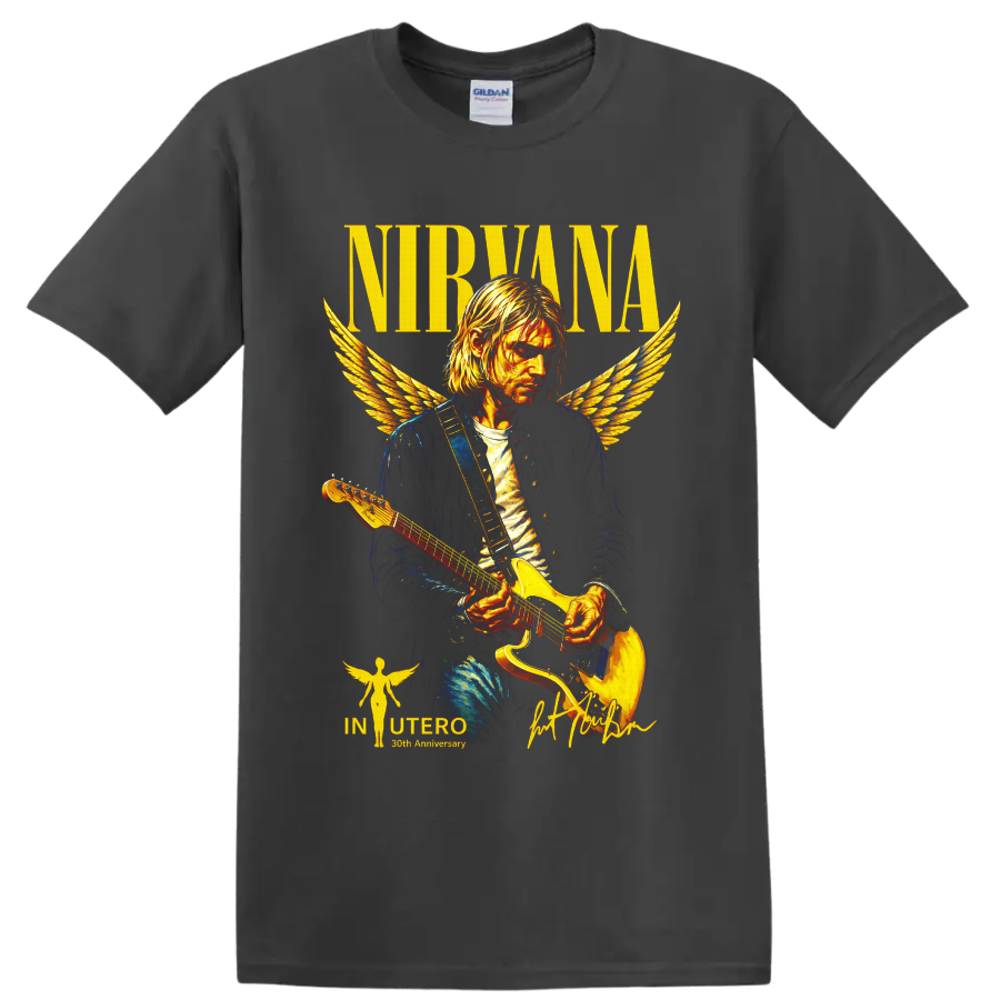 Nirvana Kurt Cobain angel-winged guitarist graphic with NIRVANA text on a Charcoal T Shirt