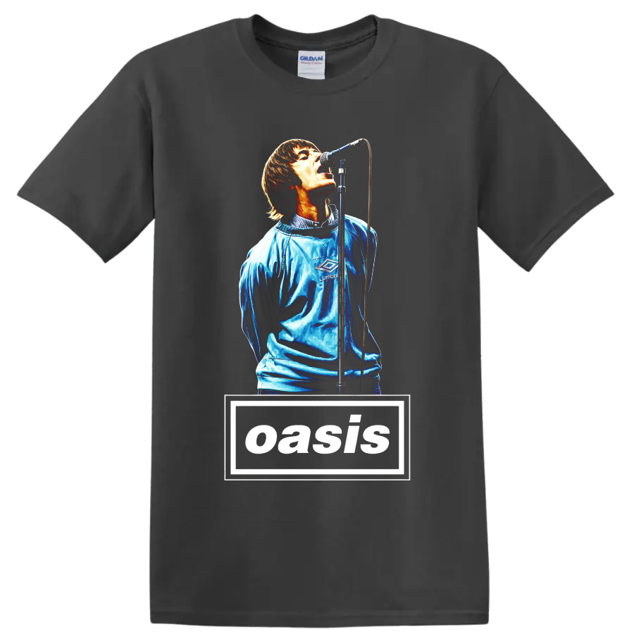 Oasis rock band graphic with singer at microphone and bold wordmark on a Charcoal T Shirt