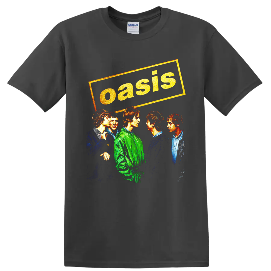 Oasis rock band vintage five-member portrait graphic with distressed lettering on a Charcoal T Shirt